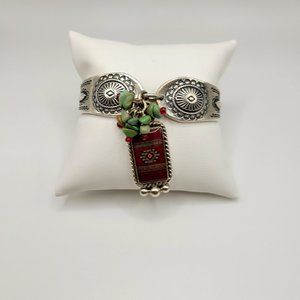 UNIQUE VINTAGE NATIVE AMERICAN 925 BRACELET JADE BEADS ENAMEL CHARM STAMP MAKER